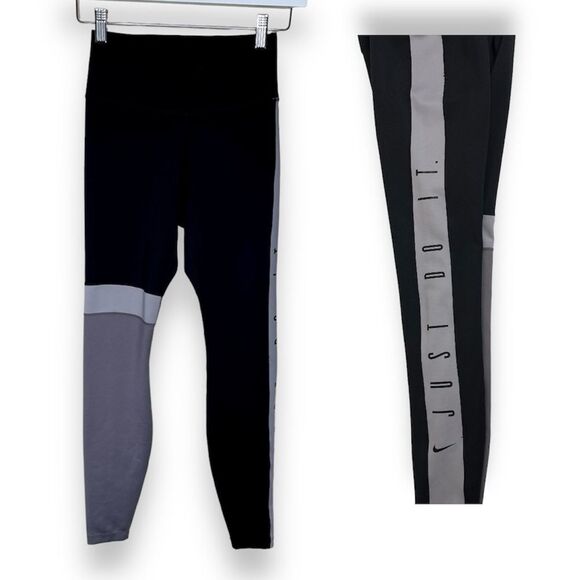 Nike Dri Fit Just Do It Spell Out Black Gray Colorblock Leggings Women Size XS - Picture 1 of 16